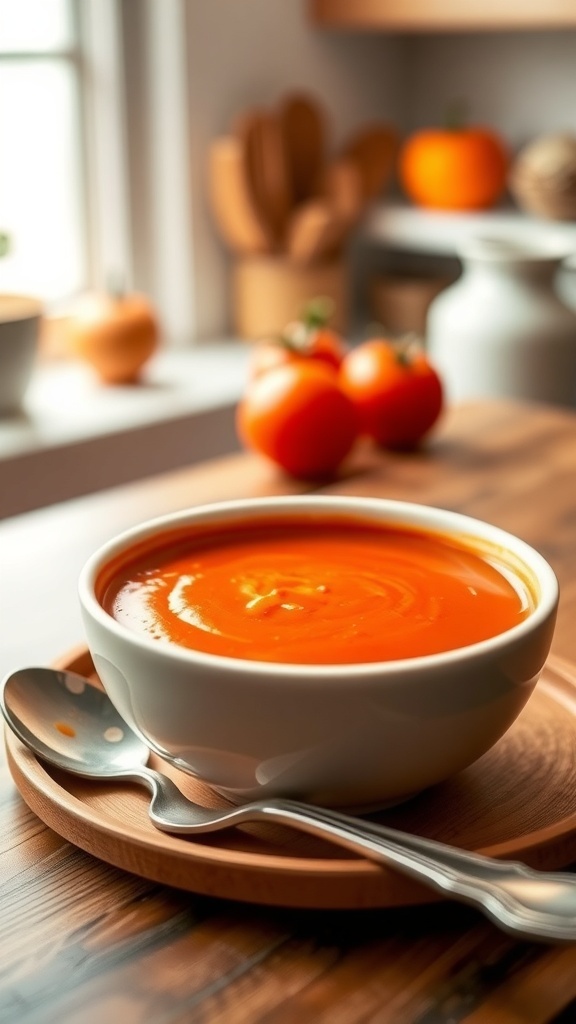 Smooth tomato soup in a small bowl, ideal for babies, with a spoon on the side.